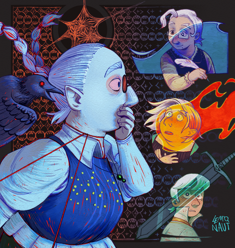 A fully rendered illustration featuring my D&D character Phinia and her family, mostly in blue and red tones. Bathed in moonlight, Phinia is facing to the side, her hand clasped to her mouth. A sinister-looking crow is speaking into her ear. Phinia's eyes grow wide. In front of her are visions of her uncle, mother, and brother. Her uncle looks calm, but is half submerged in water. Her mother looks up in stupor as a flame engulfs her. Phinia's brother is turning around, his eye caught in the reflection of a sword.

The background is dark. A pattern of stars and mouth-like circles runs across the canvas. Phinia has a red string tied around her neck, and it's held taut.