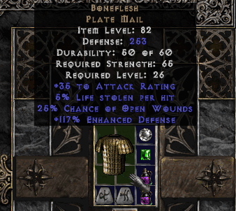 Boneflesh, goldish Plate Mail, in a Horadric Cube, in the game Diablo 2.