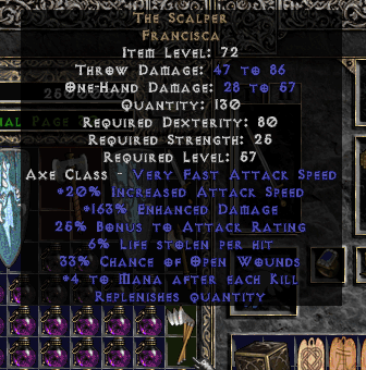 A group of three throwing axes, called Francisca, inside a stash box, in the game Diablo 2.