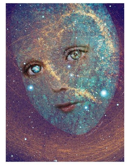 Against a purple night sky blazing with the stars of the milky way galaxy, a Child's face - just the eyes, tip of nose and lips and general shape of the face. In one eye, a far distant cosmic burst of light.