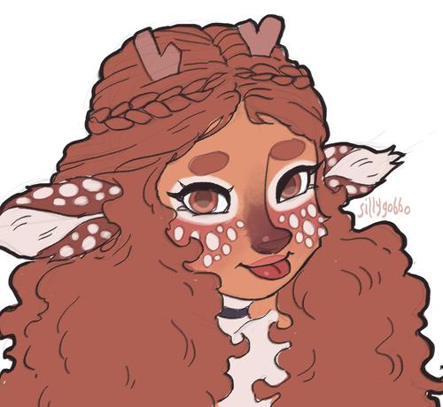 a color drawing of my deergirl oc saffra, looking at the viewer and sticking her tongue out.