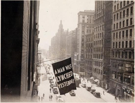 Lynching flag flying at NAACP headquarters, ca. 1938.