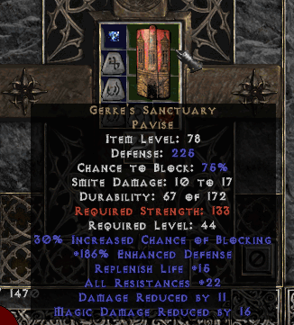 A Gerke's Sanctuary shield, a Pavise, a large wooden shield with a design of a building with three towers with red paint background (which also looks like dripping red paint), inside a Horadric Cube in the game Diablo 2.