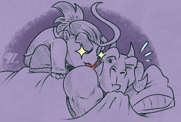 A sketch of Zinthings being a gremlin as they crouch atop Akaryuterry, a lizard man who is trying to sleep. Zin's eyes are shining in the dark as they extend their tongue out, trying to lick the lizardman's hidden ear.