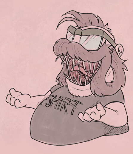 A sketch of me with a very wild, demonic look on my face, long teeth pointing out from my lips, my beard looking like it has a life of its own, and the thick rims of my glasses seeming like they turned into eyebrows. I'm making a sort of evil laughing pose, palms of my hands up with fingers curled.
