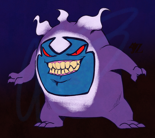 Another Gengar, but with three white swirly tufts of white hair and a white-and-blue painted clown face, but also with narrow, menacing eyes and a wide, sickly, and overly realistic grin on its face. The look is inspired by the villain "Violator" from the "Spawn" series.