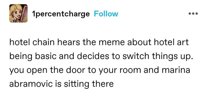 hotel chain hears the meme about hotel art being basic and decides to switch things up. you open the door to your room and marina abramovic is sitting there