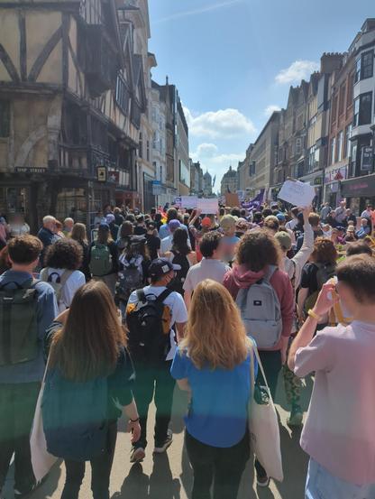 Photo of huge crowd of people with trans rights flags and placards marching down a street in Oxford. You can see some ancient buildings with oak beams, beautiful blue sky with fluffy clouds, and people as far as the horizon!