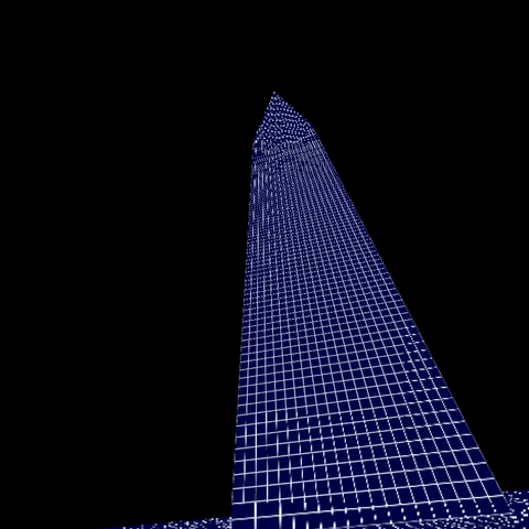 A view from the tower base, looking up; a blue-gridded tower with a jagged platform stands imposingly against a black sky.