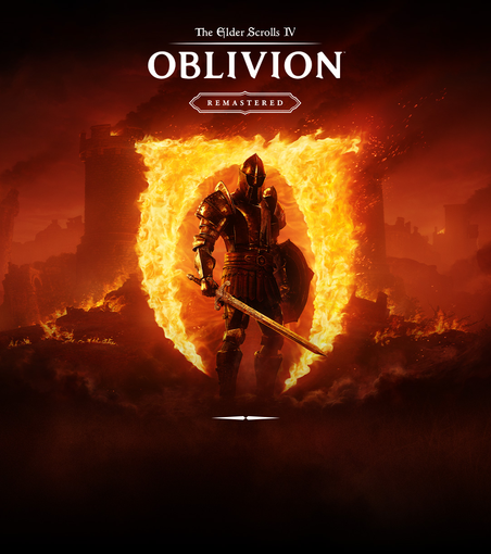 The image features a promotional poster for "The Elder Scrolls IV: Oblivion Remastered." The central figure is a knight in full armor, standing in front of a fiery archway. The knight holds a sword in one hand and a shield in the other, both reflecting the light from the flames. The armor is detailed, with a helmet covering the head, and the knight's posture is confident and ready for battle. The background is a dramatic scene with a burning castle and a red sky, suggesting a post-apocalyptic or war-torn setting. The title "The Elder Scrolls IV: Oblivion Remastered" is prominently displayed at the top of the image, with the word "Remastered" in a smaller font below it. The overall color scheme is dominated by reds, oranges, and blacks, creating a sense of intensity and danger.