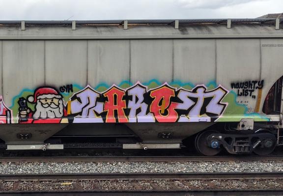 Train car with graffiti rolling through Kamloops BC Canada