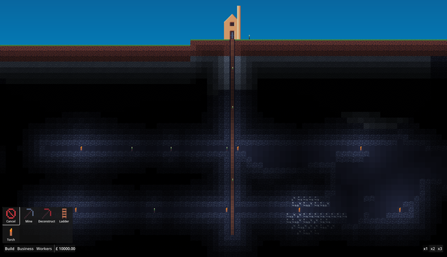 Screenshot of a video game about mining. The game is 2D. There's a mineshaft with a ladder running down the center with little people mining out tunnels. At the top of the mine shaft is a cornish engine house