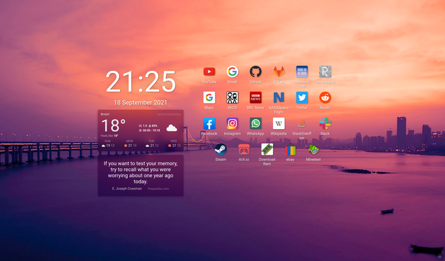 Screenshot of Renewed Tab - a new tab web page with widgets. On the left, the time, weather, and a quote. On the right, bookmarks