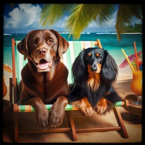 Alt text by Bing;
On a sandy beach under a bright blue sky, two dogs are comfortably lounging in deck chairs, enjoying a relaxed vacation vibe. The dog on the left is a large brown Labrador Retriever, sitting upright with a calm yet curious expression, gazing towards the horizon. The dog on the right is a long-haired black and tan Dachshund, slightly leaning back in its chair, appearing content and laid-back. Both dogs rest their front paws on the edge of their chairs as if truly embracing the vacation spirit.

Next to each dog, on small beachside tables, are colorful tropical drinks garnished with fruit slices and cocktail umbrellas, enhancing the lively summer atmosphere. Behind them, lush green palm trees sway gently, framing the beautiful ocean in the background where the waves meet the shore. The sunlight casts soft shadows, giving the scene a warm and inviting glow. The entire image radiates a sense of leisure, relaxation, and joyful companionship.