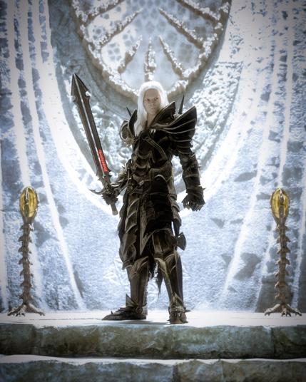 Description by ChatGPT: A pale, regal figure stands atop a stone dais in a cavernous, icy hall illuminated by cold, ethereal light. This is Elric of Melniboné, the albino emperor and sorcerer. His skin is ghost-white and his eyes glow a piercing crimson, burning with arcane power and ancient sorrow. Long white hair cascades over his black, jagged armor, which is layered with dark, ornate plates bristling with spikes and menacing ridges.

In his right hand, Elric grips the cursed black sword Stormbringer—a runeblade with a crimson glow in its etched markings, thirsting for souls. The weapon exudes a sense of dread and sentience. Behind him is a great circular stone relief embedded in the frozen wall, resembling a shattered sun or wheel of fate, casting deep shadows. Two tall, clawed stands flank the dais, each topped with a glowing amber orb that pulses faintly like a heartbeat.

Elric’s stance is commanding, yet melancholic. Though poised for battle, he is a tragic figure—cursed by the very sword he wields, burdened with prophecy and the fall of empires. The air around him feels heavy with magic, destiny, and inevitable doom.