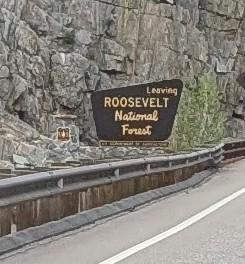 Detail from 1st photo. Sign indicating " Leaving Roosevelt National Forest"
