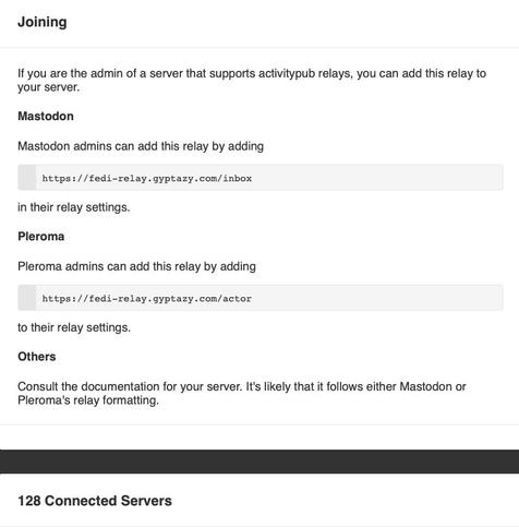 Screenshot of the overview page of fedi-relay.gyptazy.com showing more than 120 connected instances for a federated network within the Fediverse.