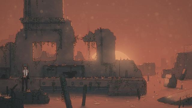 In the bottom left part of the frame is Hatsune Miku, sitting among partially submerged overgrown ruins and holding a paper crane in her hands. More paper cranes are scattered across the landscape with the sun setting in the background.