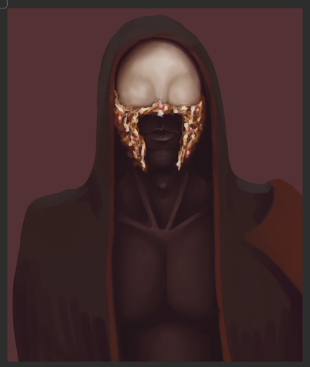 An unfinished painting of the lead singer of Sleep Token. Wearing a mask and a green hood