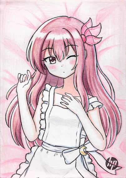 Scan of a colored pencil drawing, Kisaragi wearing an apron lying on a bed. She has one eye closed as her hands laying delicately on her chest and her side.