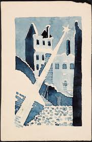 A Symbolist painting. In tones of blue, we see ruins of a burnt city, with some rubble in the foreground and a tall, burnt-out shell in the rear, with a damaged building that might be a factory in the mid-distance. In the upper right, a star shines, with a single beam bisecting the image diagonally.