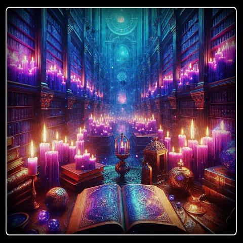 Alt text by Bing:
A grand, mystical library stretches into the distance, lined with towering bookshelves packed with ancient tomes. The air is thick with magic, as countless glowing purple candles cast a soft, enchanting luminescence across the scene. In the foreground, an open book with elaborate and cryptic designs rests atop a polished wooden table, surrounded by ornate objects—delicate spherical ornaments, intricate lanterns, and mystical relics hinting at deep arcane knowledge. The architecture is breathtaking, adorned with towering arches and meticulously carved details that exude an air of mystery and grandeur. Ethereal blue and violet hues swirl through the space, creating a surreal, otherworldly atmosphere, as if the library itself is alive with ancient wisdom and secrets untold.