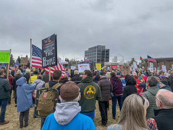 A large group of protestors gather on the park strip in downtown Anchorage, many holding colorful signs.