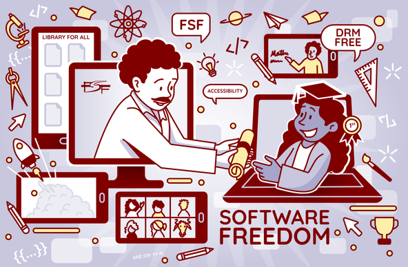 A teacher handing a diploma to a student, both are coming out of computers. Around them there are words and graphics such as "accessibility," "DRM-free," and "software freedom."