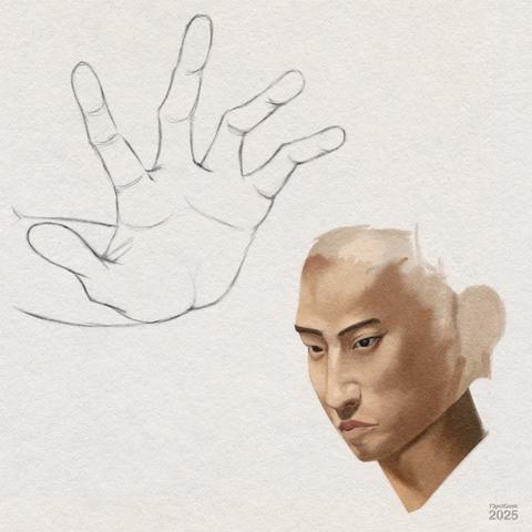 Digital graphite sketchbook a hand, palm forwards, and an unfinished digital gouache portrait of a man.