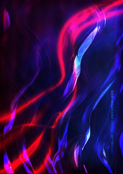 Dark blue and purple reflective columns twist down towards the bottom left, with red energy tendrils following them.