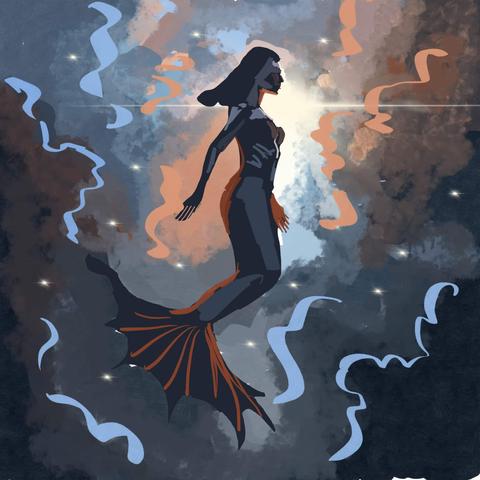 An abstract sketch of a mermaid floating before a nebula.