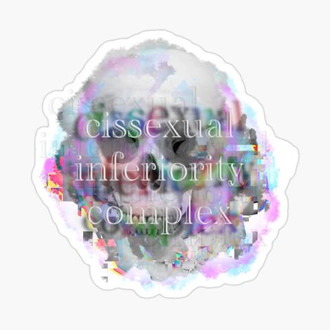 a glitchy neon graphic edit with a recognizable human skull and prominent trans pride colors. superimposed the words "cissexual inferiority complex"