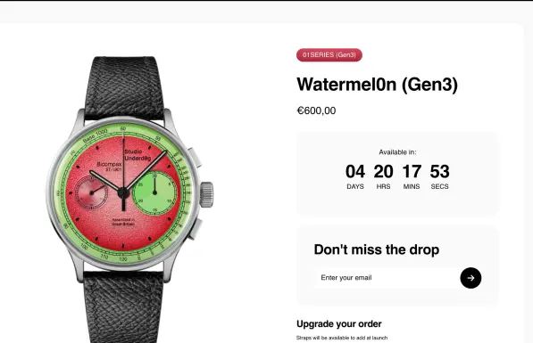 A screenshot of a drop page of the Watermel0n by Studio underd0g. The watch has watermelon coloured dial.