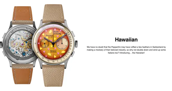 An watch in the style of a pizza hawaii with the text "We have no doubt that the Pepper0ni may have ruffled a few feathers in Switzerland by making a mockery of their beloved industry, so why not double down and wind up some Italians too? Introducing… the Hawaiian!"