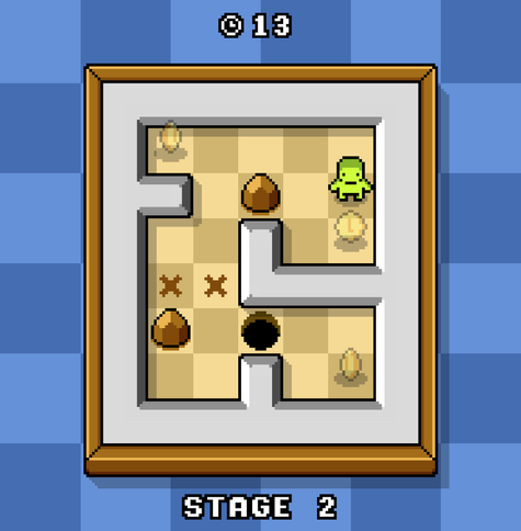 Second stage from the game GHOSTED. A little green figure looks for a way to the coins, moving rocks and filling holes. After a certain number of steps, it turns into a ghost and can only then collect the coins.