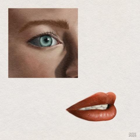 Digital gouache studies of an eye, and some lips.