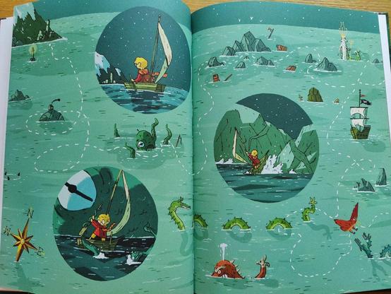 Certaines planches de l'album permettent de suivre tout un périple aventureux, sans texte. Ici, Arthur traversant la mer pour atteindre la demeure de Thor.