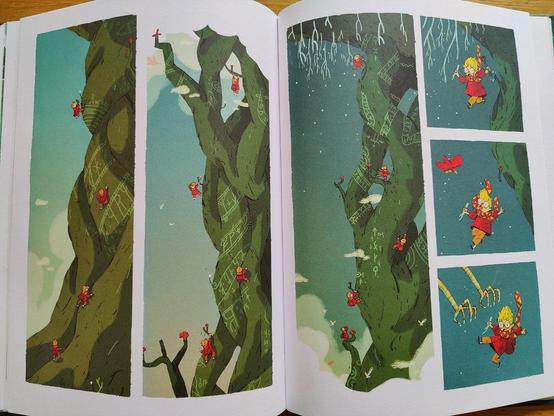 Une autre planche sans texte où Arthur tente de gravir l'arbre monde et doit être sauvé par un de ses amis oiseaux.