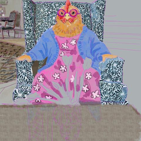 I worked on the top left corner of the background which has an ornate floor, a fancy chair with a black and white pattern, and a water cooler.
