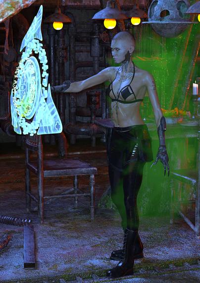 A white woman in a bikini top and PVC trousers stands in a dilapidated industrial room that has had a banquet laid out on a table. She has a sheen of sweat glistening on her body.

She has heathen tattoos of Nordic runes, and a shaved head. She is heavily cybernetically modified with cybernetic arms, fingertip claws, cybernetic eyes and cybernetic elements on her neck.

Green mist is coming off her as she projects a magical shield in front of her.