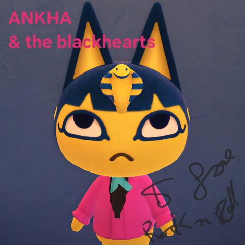 Square Animal Crossing: New Horizons screenshot that is a recreation of the album cover for Joan Jett and the Blackhearts' "I Love Rock-n-Roll." The cover image shows Ankha (yellow cat with blue hair, blue ears, and a yellow snake coming out of the center of her head) looking very serious wearing a custom designed shirt intended to look like a pinkish-purple suit coat over a black shirt with a blue scarf. She is standing against a bluish-grey wall. In the upper left hand corner, it reads "Ankha & the Blackhearts" with her name in all capital letters and "the Blackhearts" in all lowercase letters. In the lower right hand corner it reads "I Love Rock-n-Roll" in sloppy, stylized black cursive.