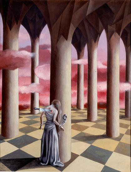 Rheumatic pain /  Dolor reumático (1948) by Remedios Varo (1908 - 1963)  A figure wrapped tightly in bandages arches back, twisted in pain. Numerous large, white pins are floating in the air, pointing at the figure. The landscape echoes the figure's pain. The ground is desolate and cracked, with many white blades, possibly of grass, but sharper. In the far distance is a castle, impenetrable and windowless. The sky is filled with dark clouds. Alt text thanks to Jen Phillips
