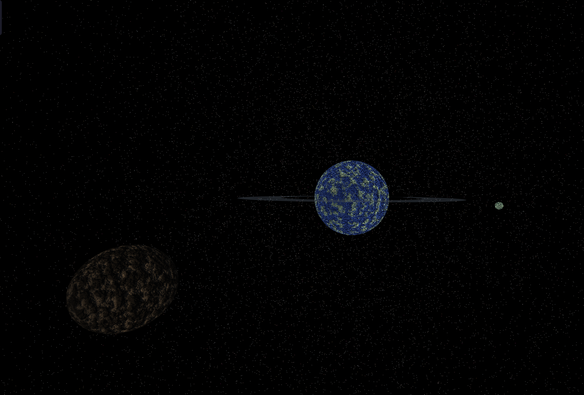 A screenshot of a planet with rings and it's two close by moons