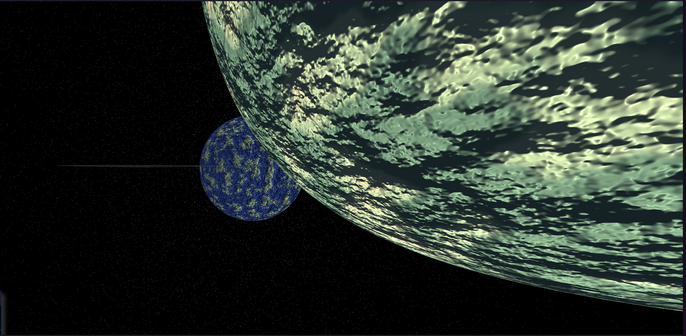 A screenshot of a ringed planet from behind one of it's moons