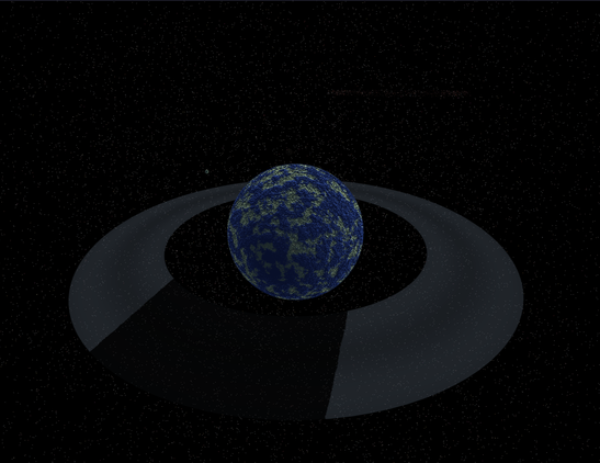 A screenshot of a planet with rings showing the shadow on the ring, with the moon visible in the background