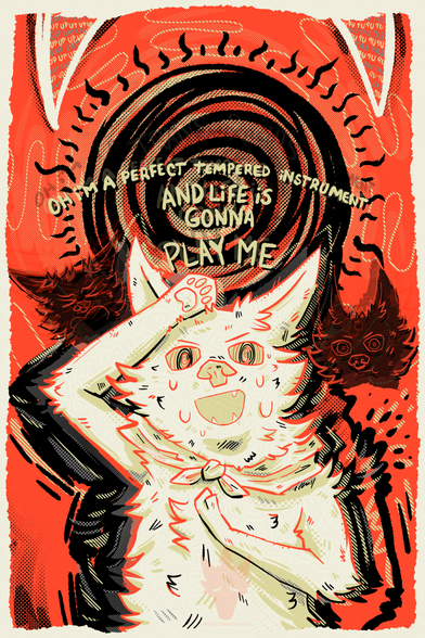 Digital art of an anthromorphic canine posing like Kasane Teto from the song "Rot for Clout by JamieP", their "hands" are drawn as just normal canine paws so the hand gestures aren't mimicked. They are sweating and are under the immense heat or pressure from a sun like object and there are other expressions next to them. The lyrics "Oh i'm a perfect tempered instrument and life is gonna play me" are curved above them and other lyrics, "eat" and "up" repeated on 2 large canine shaped teeth at the top.