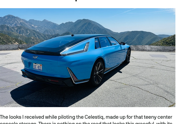 TechCrunch article showing an odd colored oblong blob of an EV from Cadillac