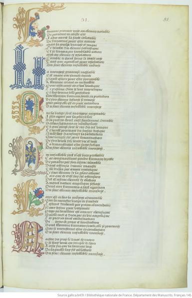 Détail d'un feuillet du manuscrit Français 145. Sur une page en parchemin (légèrement jaunie), plusieurs strophes sont écrites d'une écriture serrée. À gauche, les initiales sont décorées d'entrelacs de diverses couleurs et de profils humains ou de fleurs