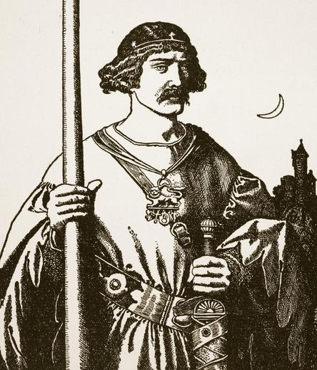 Ywain, Knight of the Fountain, holds his lance and sword. An illustration by Howard Pyle.