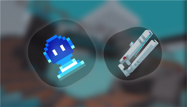 un mezzobusto blu in pixel art fluttua dentro una bolla, di fianco a un'altra bolla contenente un modello pochigonale di un'arma sci-fi